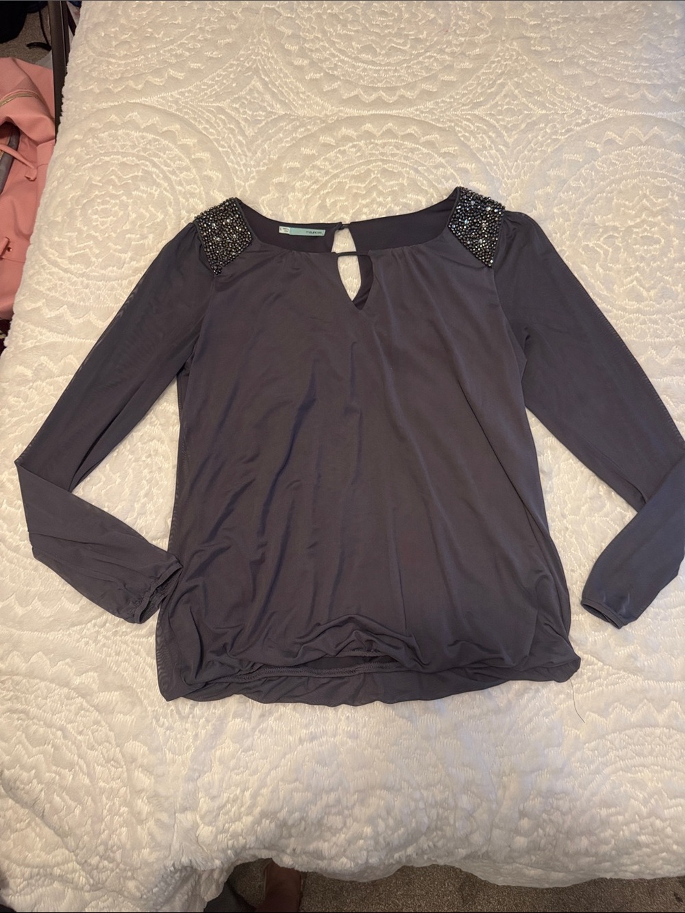Maurices Dark Gray Embellished Shoulder Keyhole Blouse